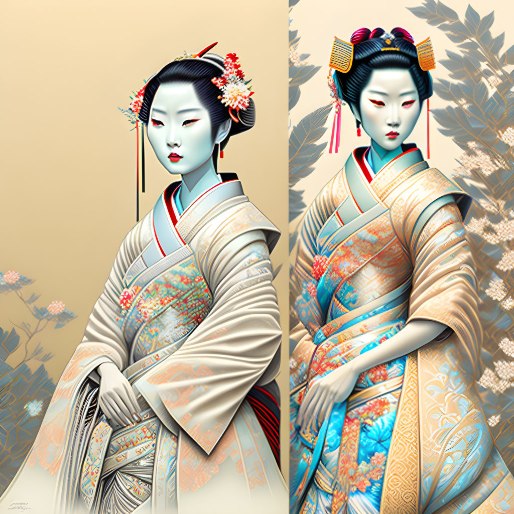 Traditional Japanese Geishas in Elaborate Kimonos and Hairstyles on Beige Background