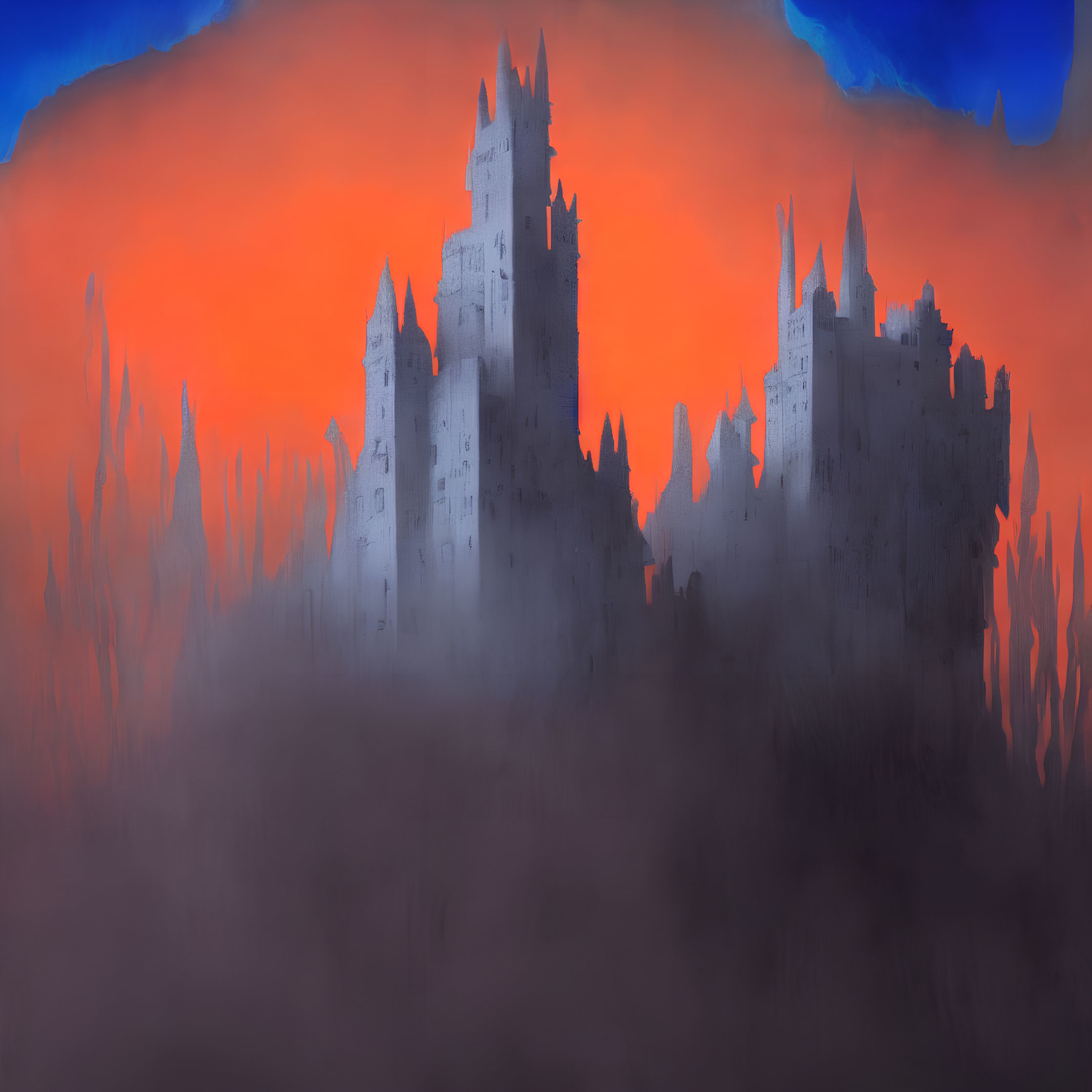 Silhouetted castles in misty landscape with vivid sky