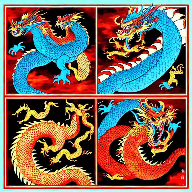 Vibrant Asian-style dragon artwork in four panels