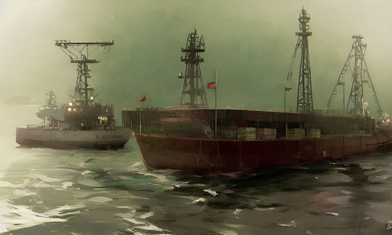 Two large ships with tall masts on turbulent waters under a hazy green sky