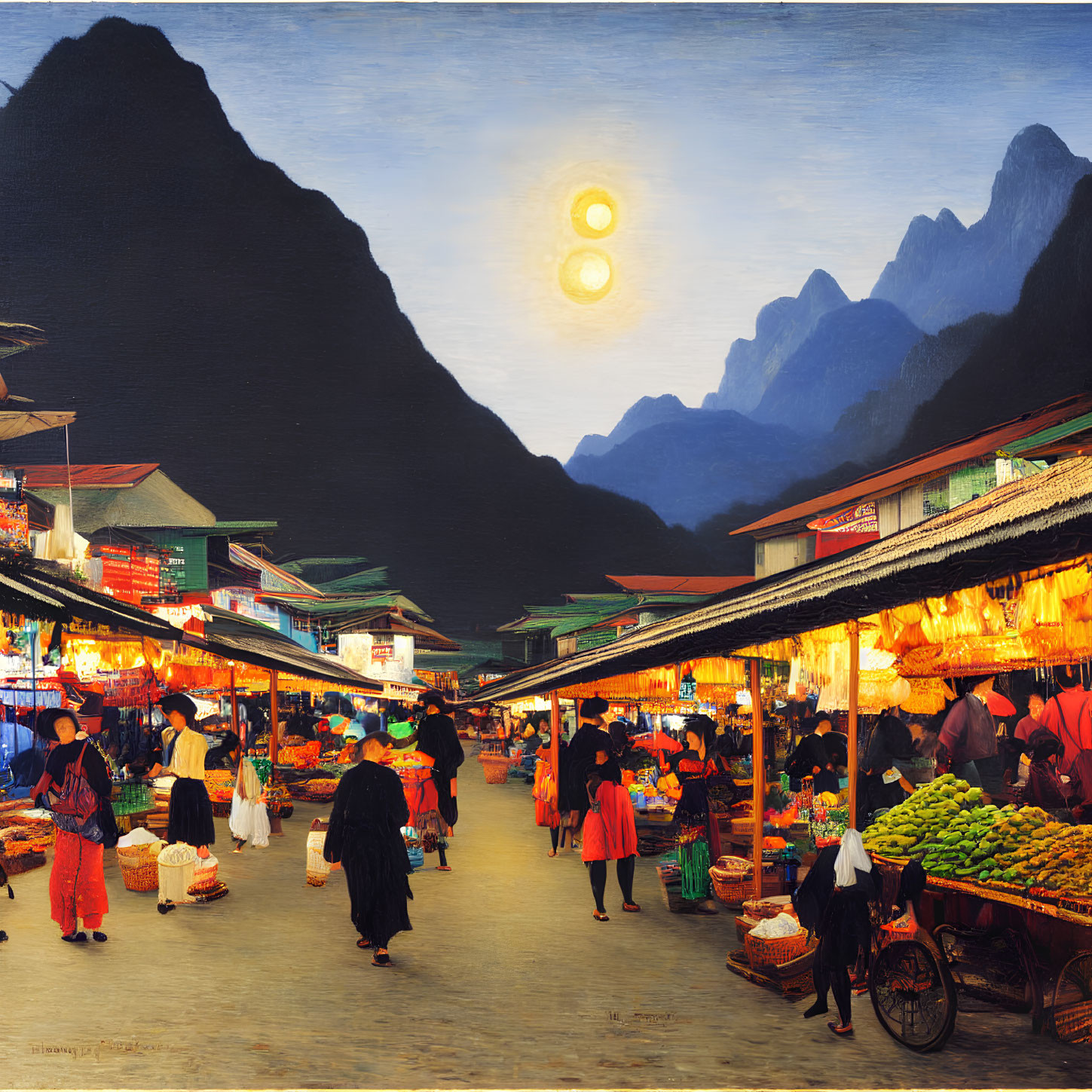 Traditional market at dusk with vibrant stalls, shoppers, and mountain backdrop