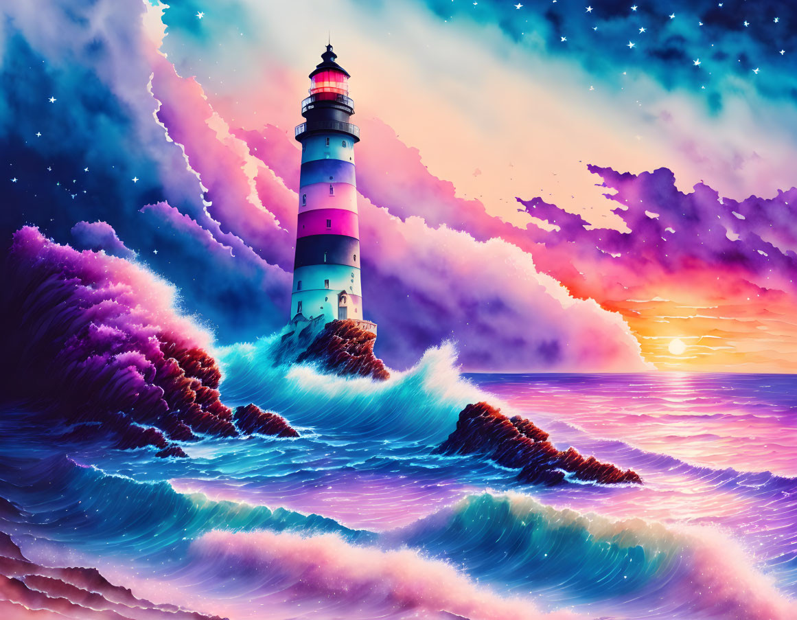 Striped lighthouse in surreal seascape at sunset