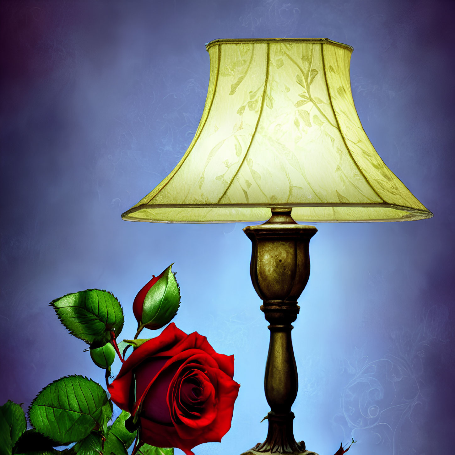 Floral-patterned lamp with red rose on blue background