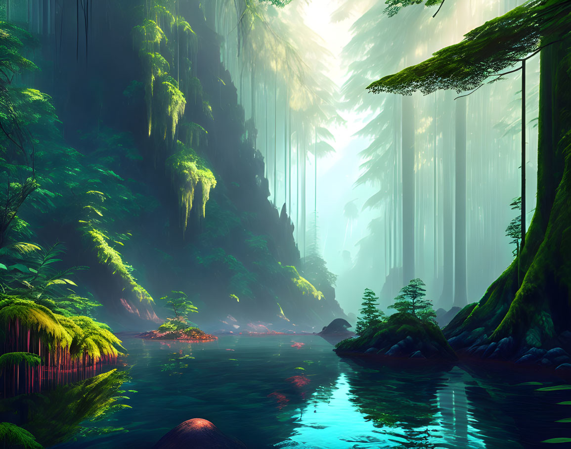 Serene forest scene: tall trees, sunbeams, river, moss-covered rocks