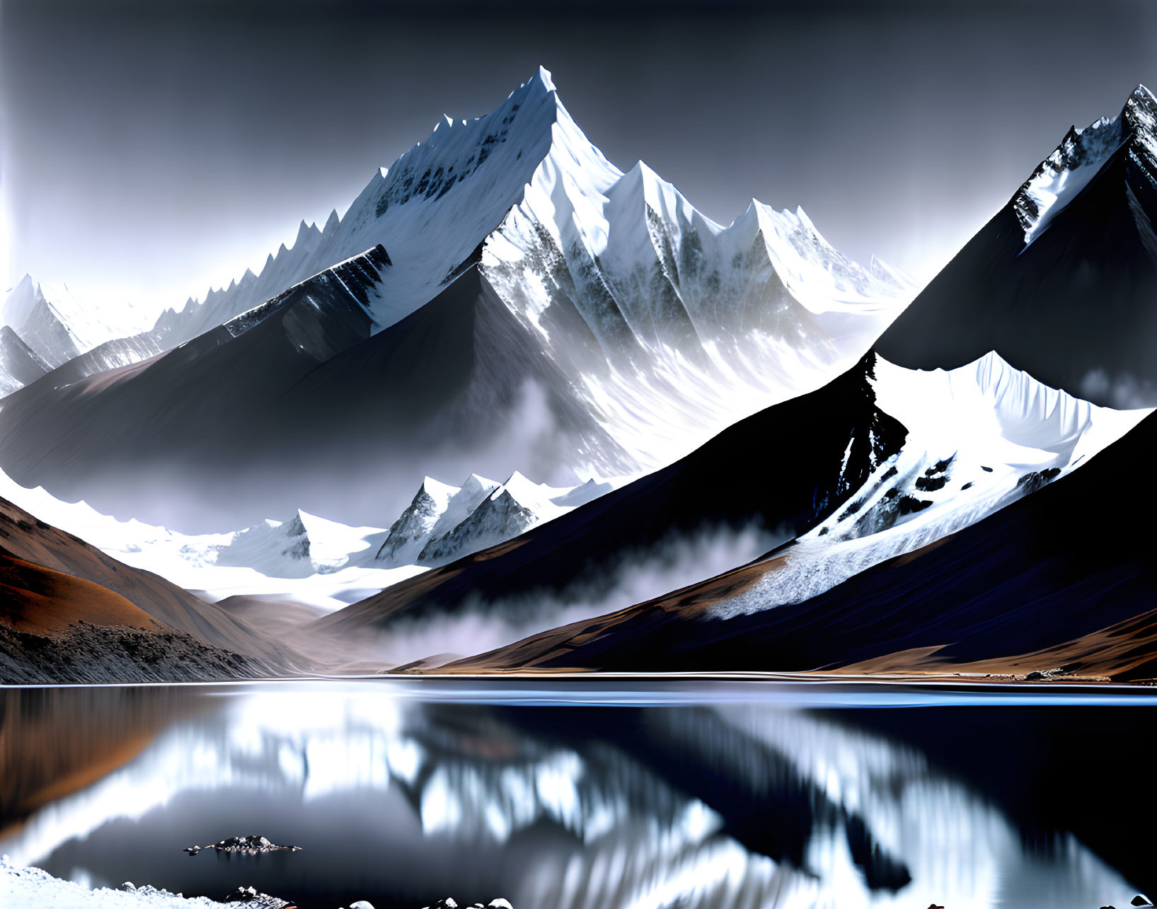 Majestic Snow-Capped Mountain Peaks Reflecting in Serene Lake