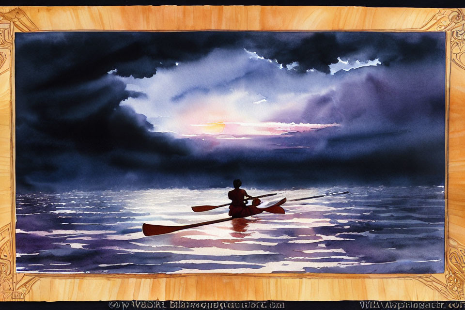 Tranquil watercolor painting of lone kayaker at sunset