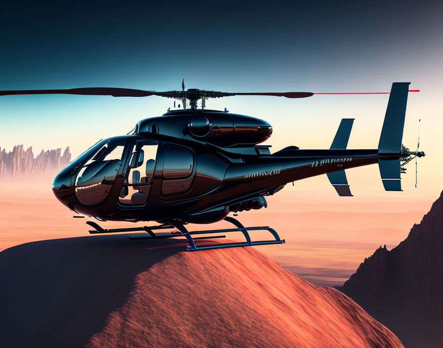 Helicopter on rocky outcrop with mountain backdrop at sunrise or sunset