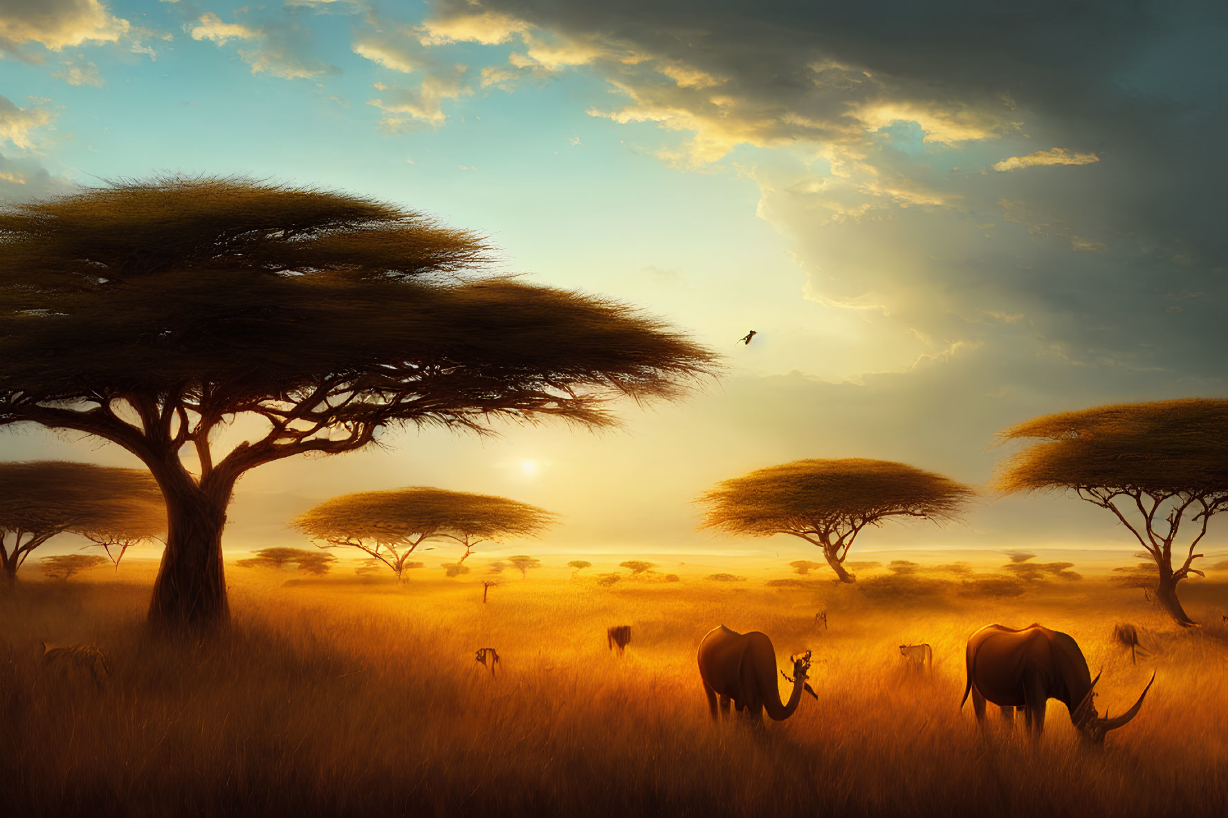 African Savanna Sunset with Acacia Trees, Elephants, and Flying Bird