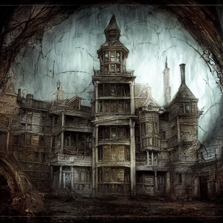 Dilapidated Victorian mansion with balconies and towers under gloomy sky