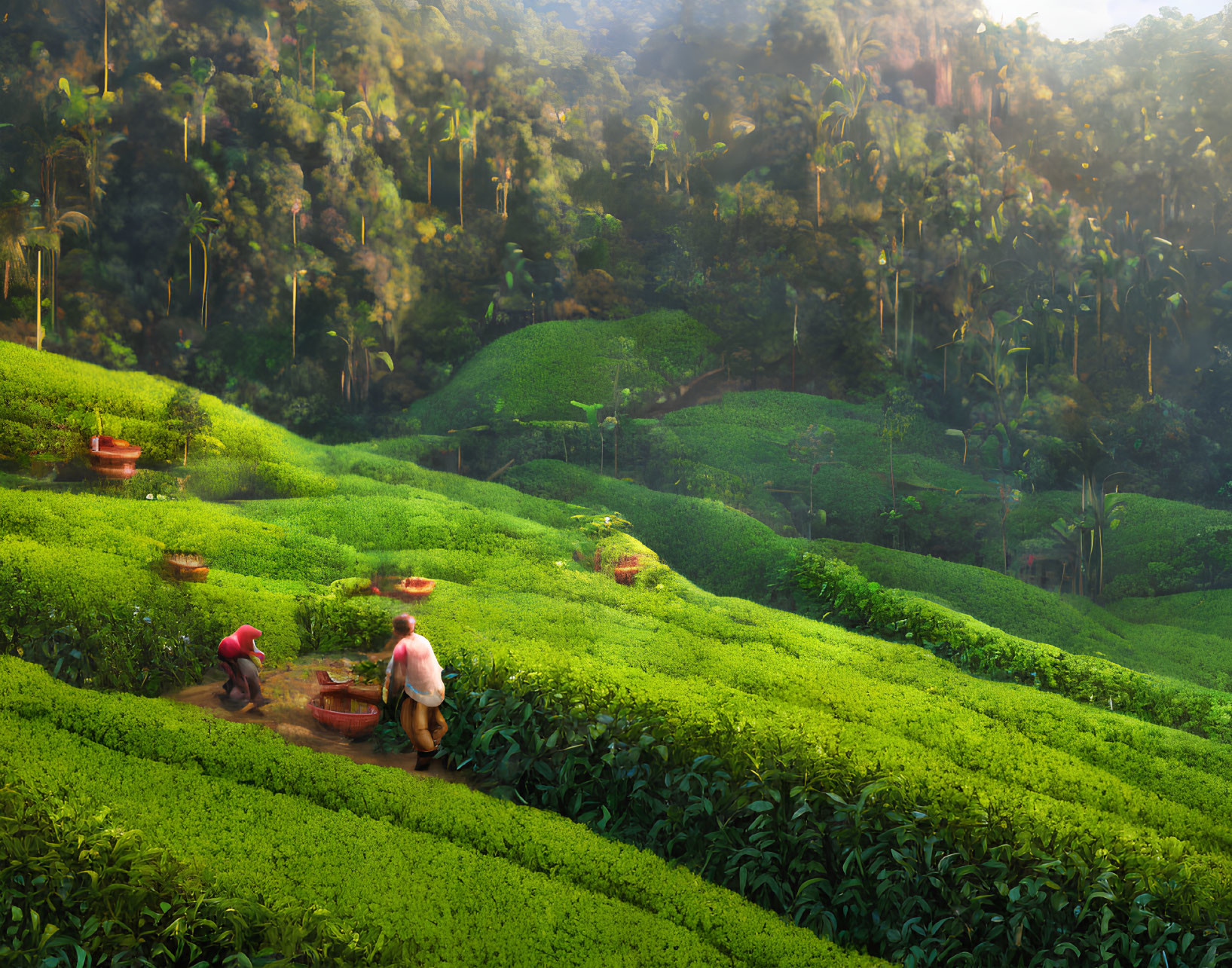 Green Tea Plantation Workers in Sunlit Setting