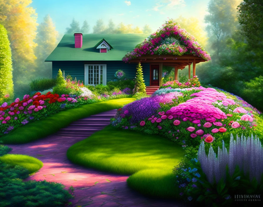 Green Cottage with Pink Roof in Lush Garden Setting