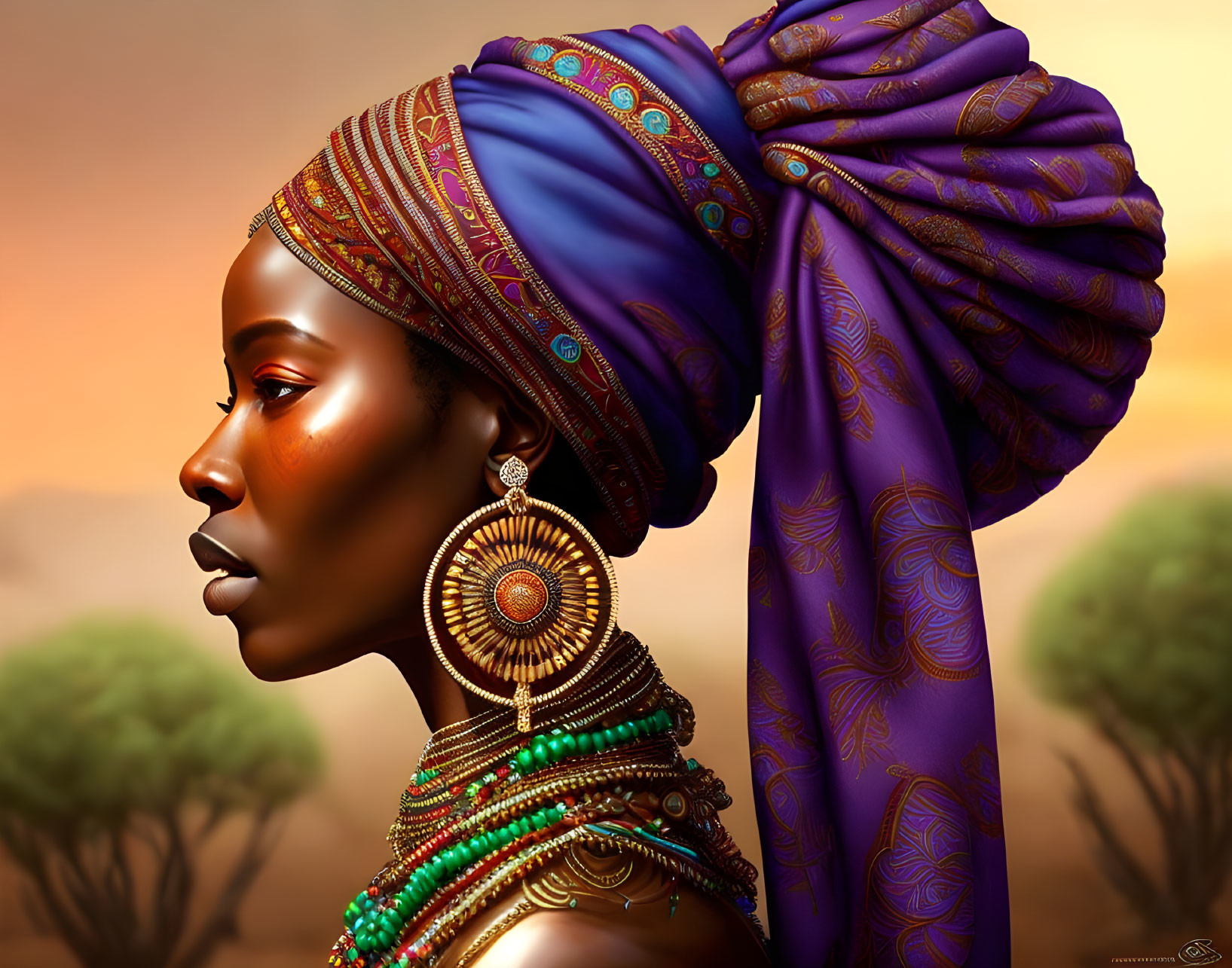 Woman with Ornate Jewelry and Colorful Head Wrap in African Savannah