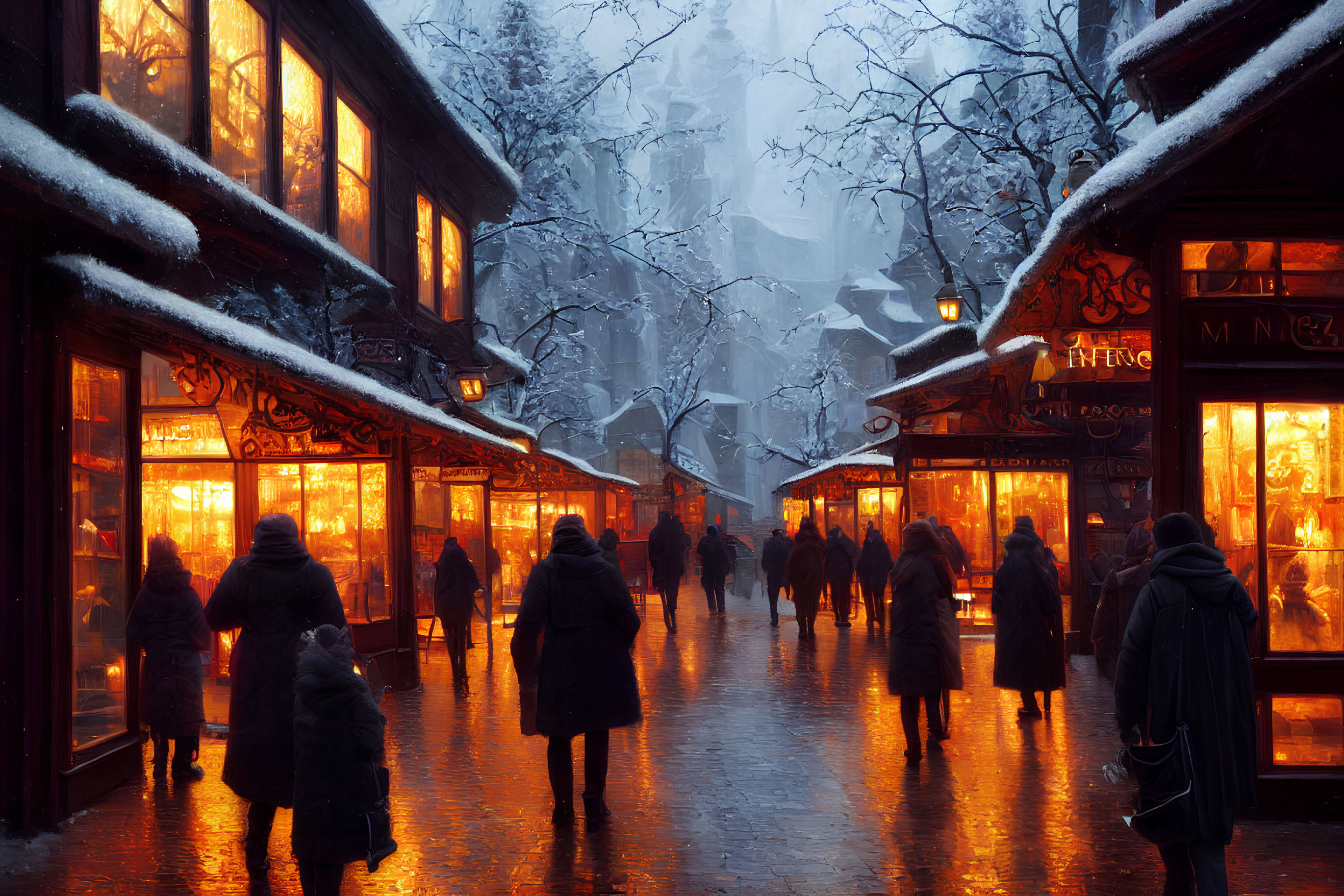 Winter Street Scene with Pedestrians and Snow-Covered Trees