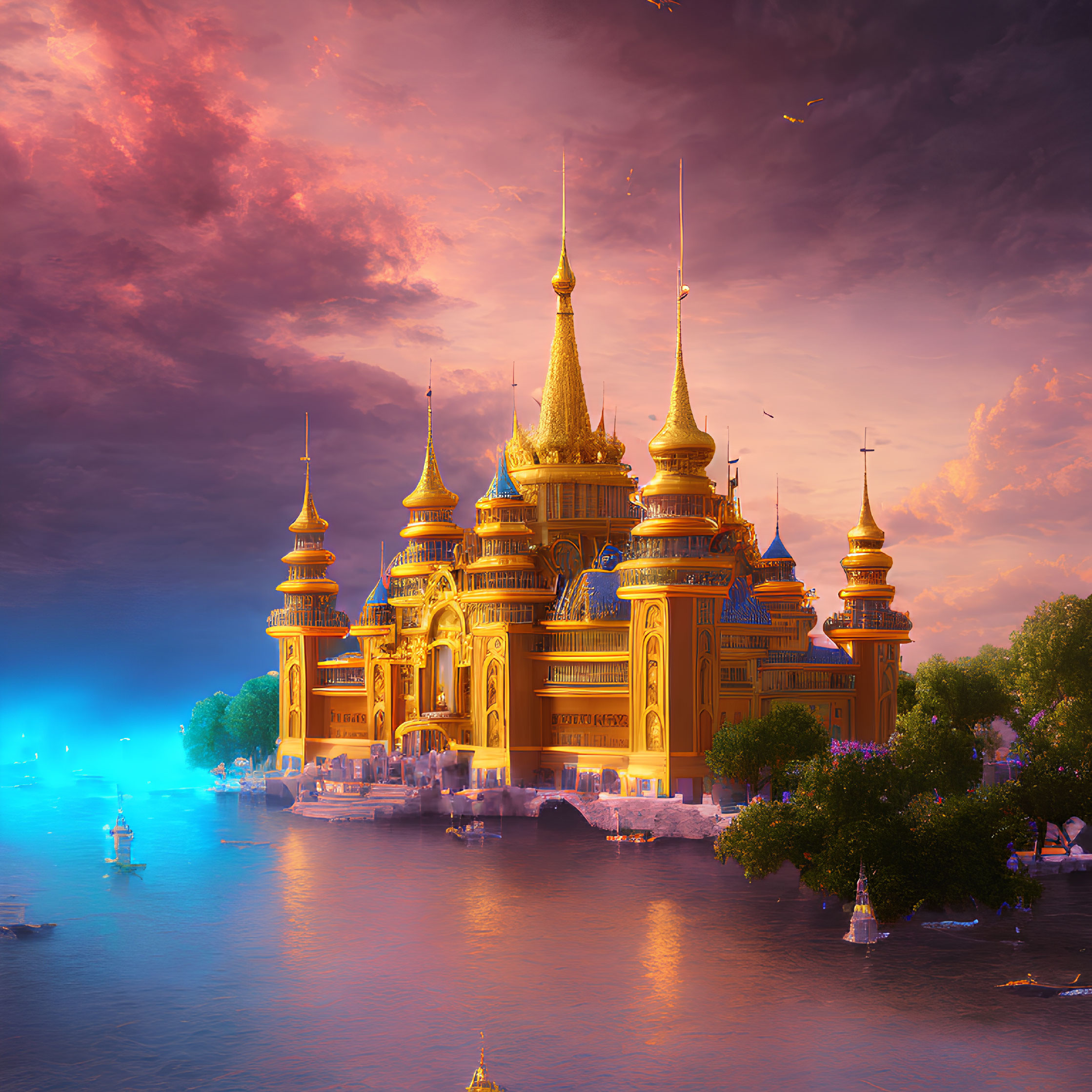 Opulent golden palace with spires reflected in water at dusk