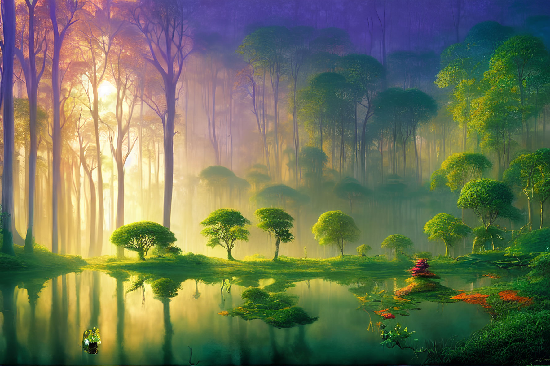 Tranquil forest scene with misty ambiance and serene pond landscape