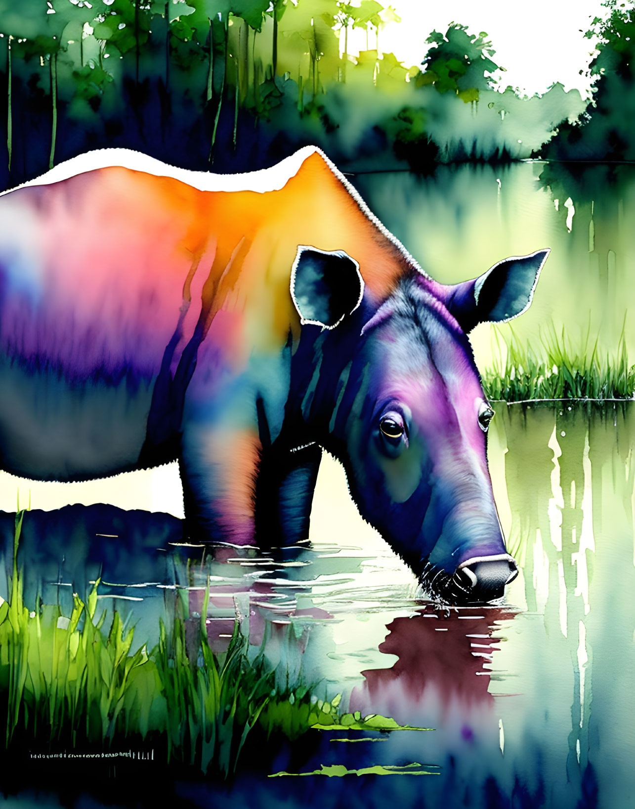 Vibrant Tapir Drinking Water by Tranquil River