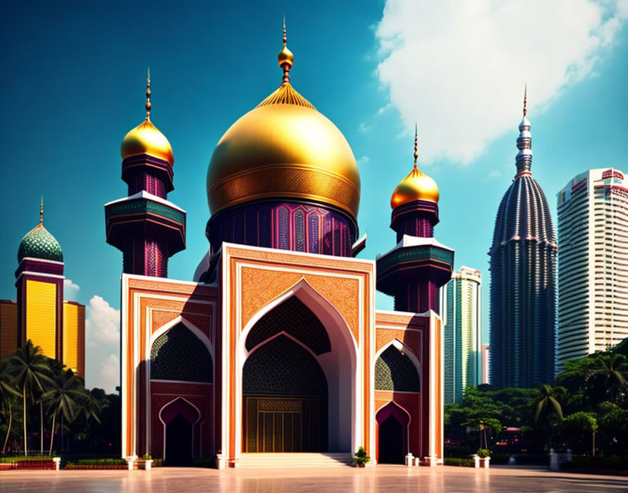 Golden and purple domed mosque amidst modern skyscrapers and blue sky