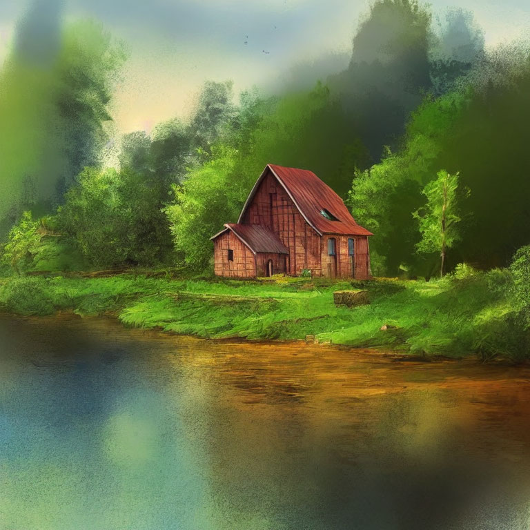 Quaint wooden house with red roof near serene river