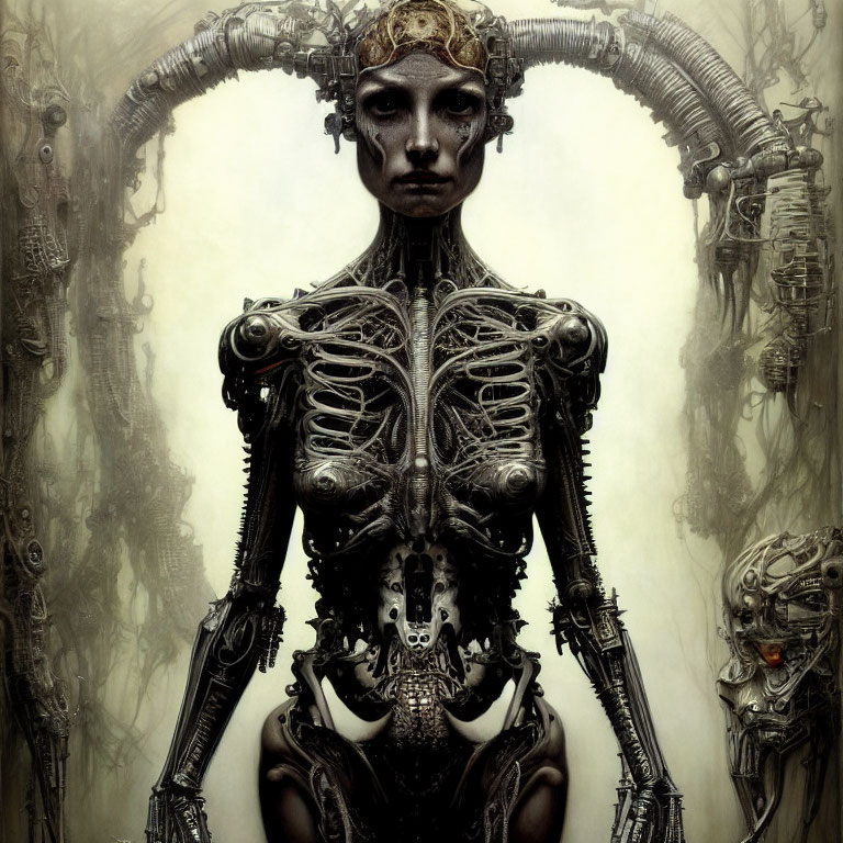 Surreal humanoid figure with intricate mechanical and organic fusion