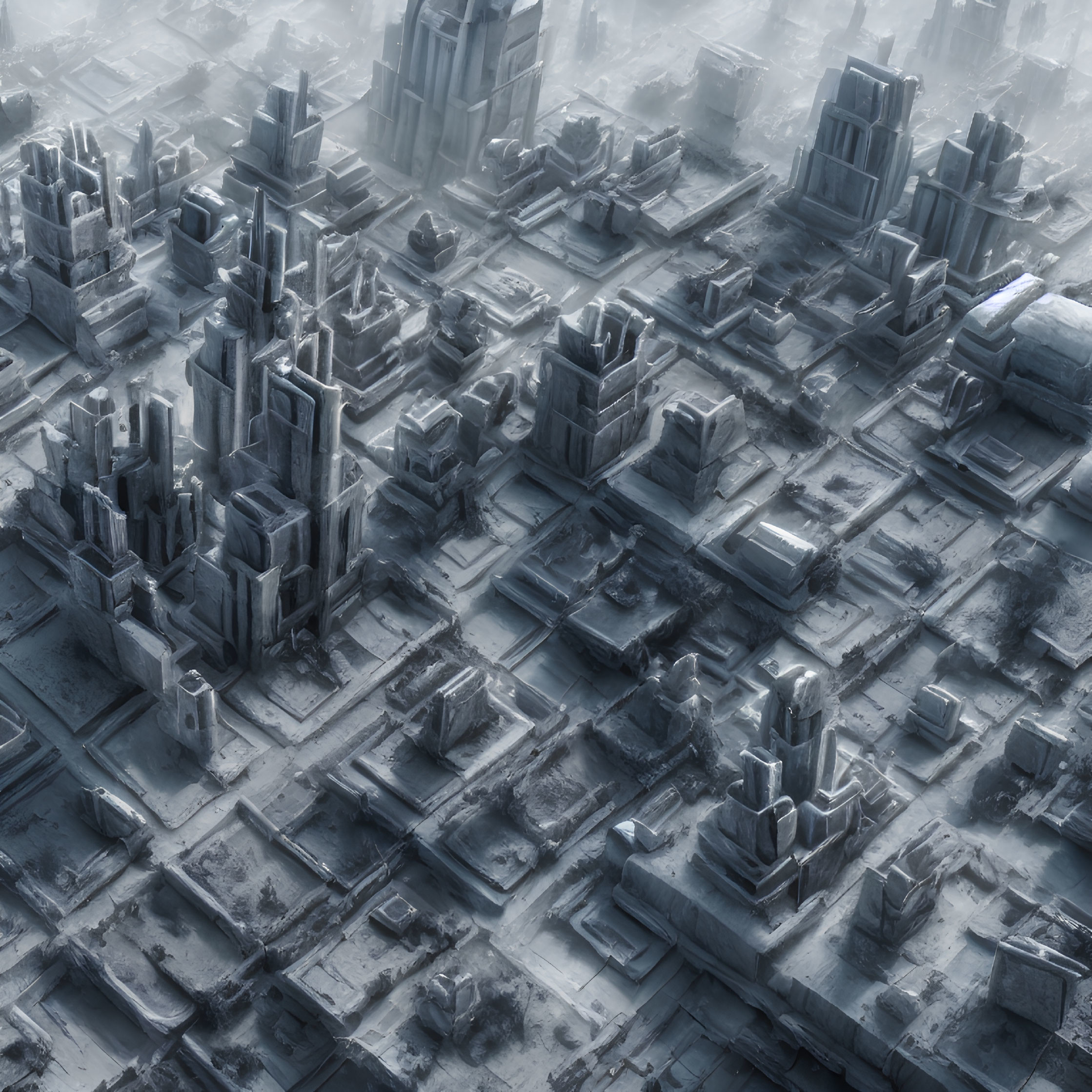 Monochromatic blue-tinted futuristic cityscape with dense high-rise buildings