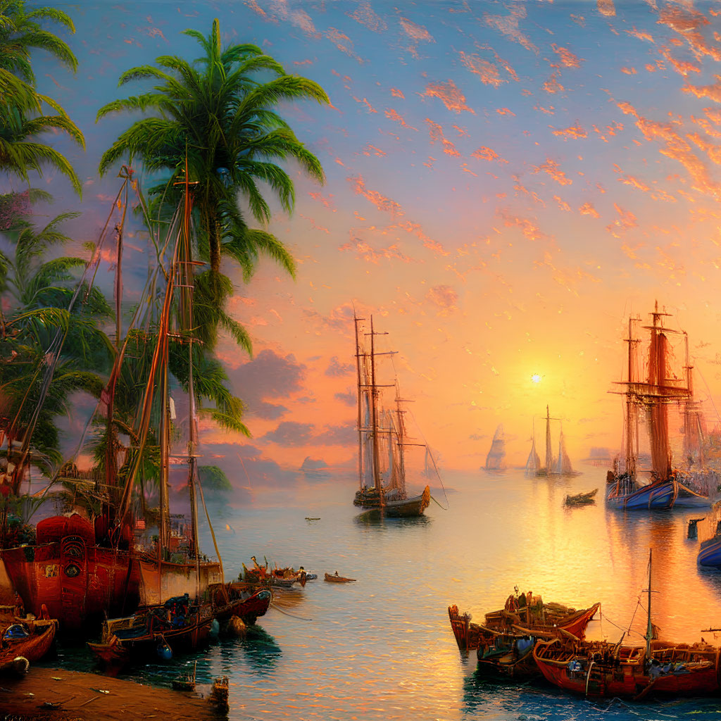 Tropical harbor sunset with tall ships, palm trees, and colorful sky