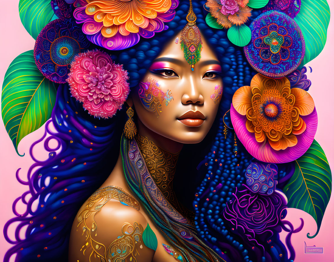 Colorful Woman Surrounded by Floral Patterns and Gold Accents