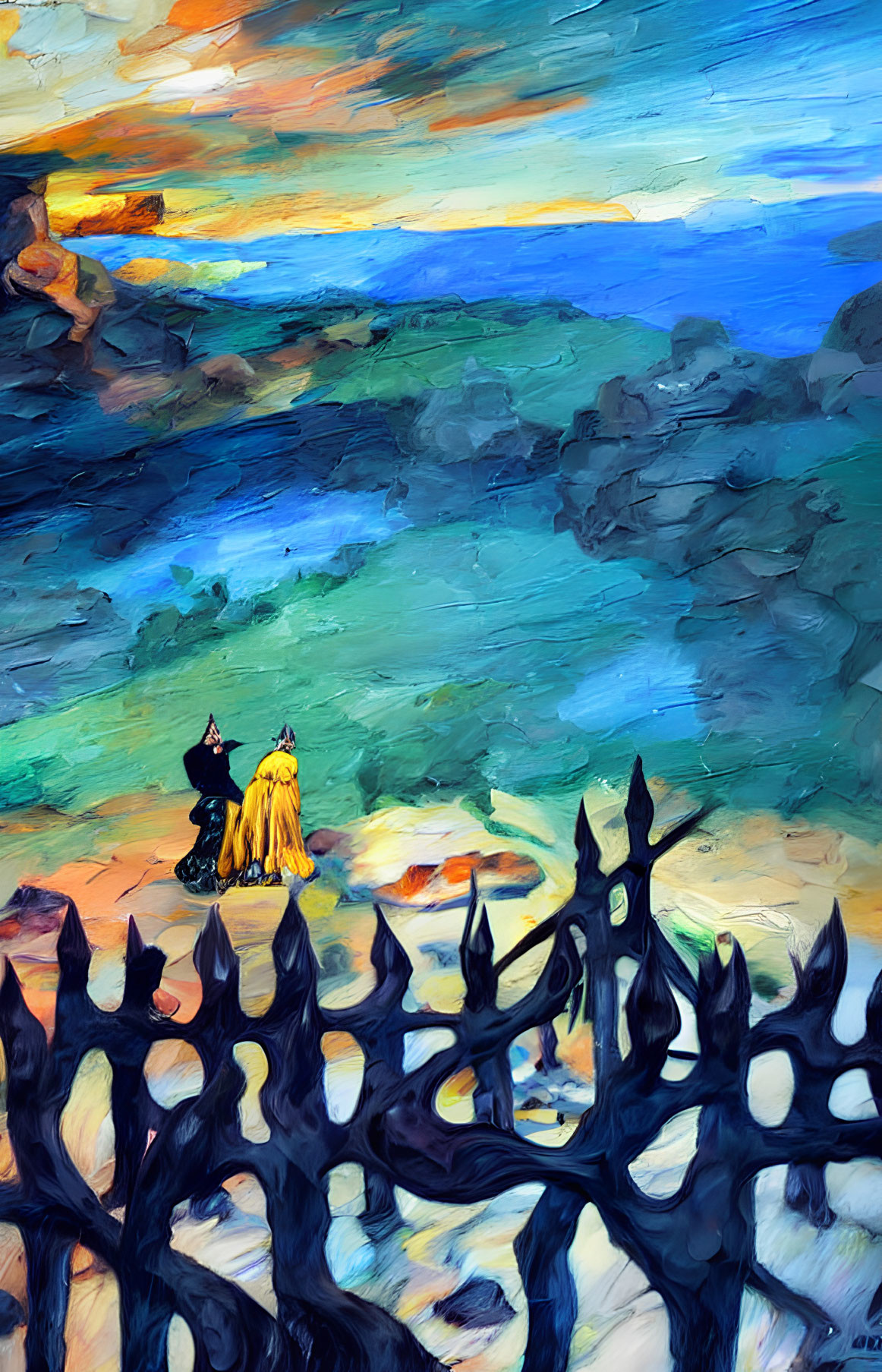 Vibrant painting of two figures on cliff at sunset