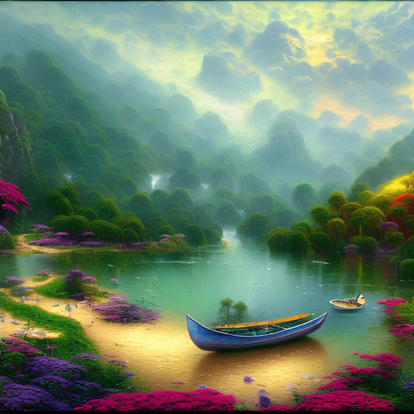 Colorful Boat on River in Serene Landscape at Sunrise or Sunset