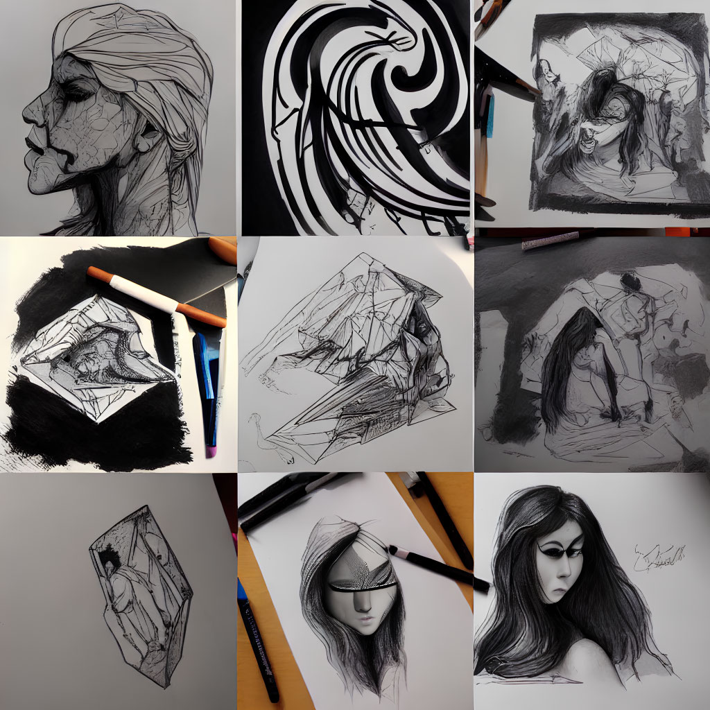 Nine Black and White Sketches of Abstract Patterns, Figures, Faces, and Geometric Shapes