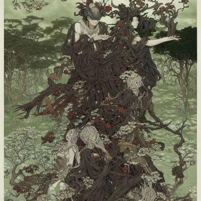 Ethereal figures with dark trees and red flowers in intricate artwork