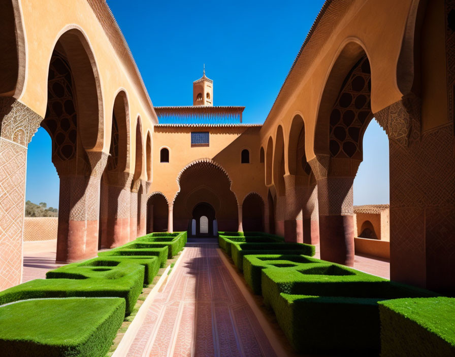 Traditional Moroccan Building's Ornate Arched Walkway and Courtyard View