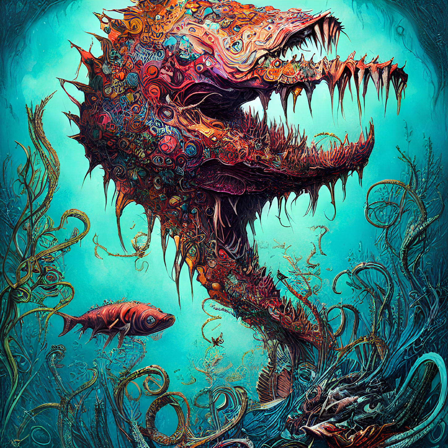 Intricate illustration of a vibrant sea monster in underwater scene