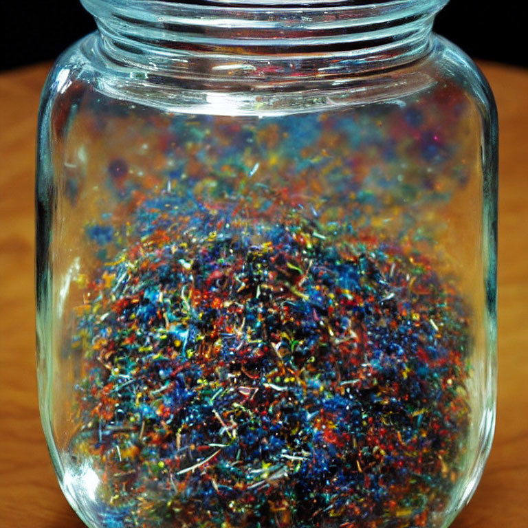 Colorful shredded foil confetti in clear glass jar on wooden surface