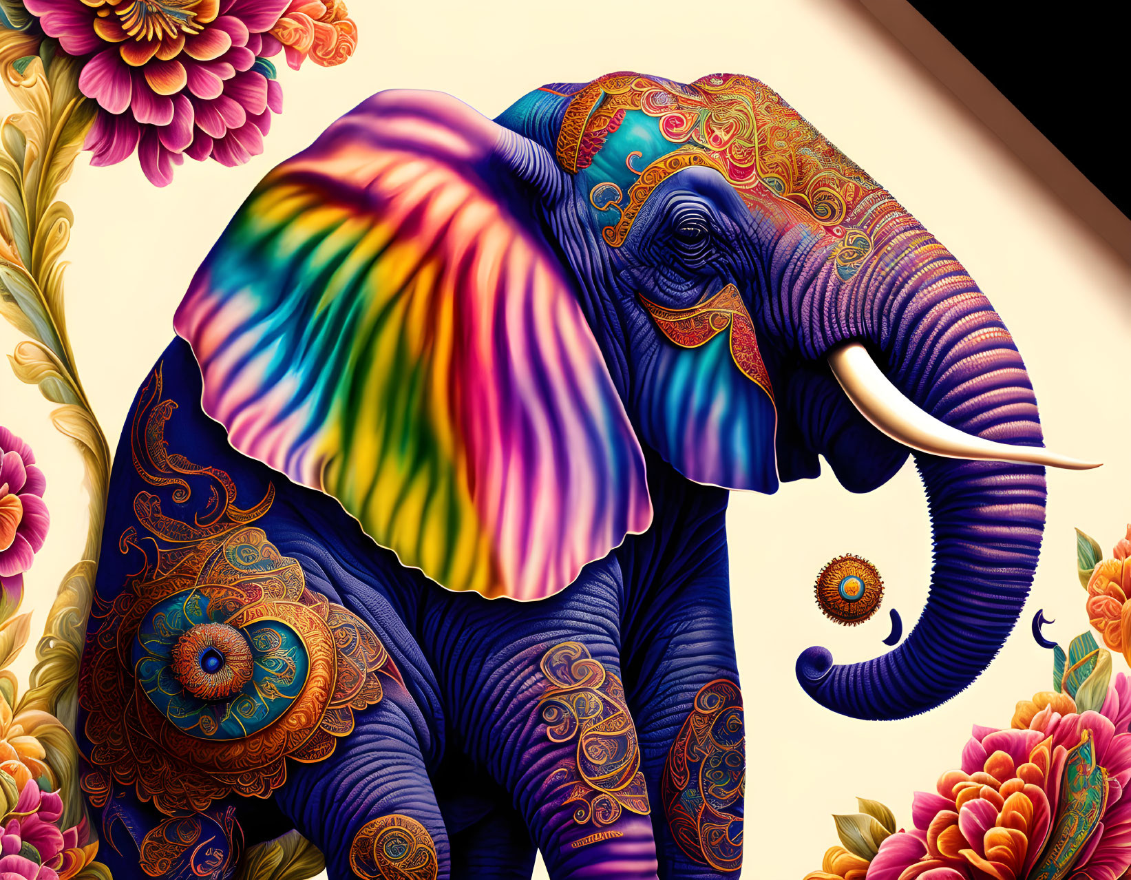 Colorful Digital Illustration of Patterned Elephant on Floral Background