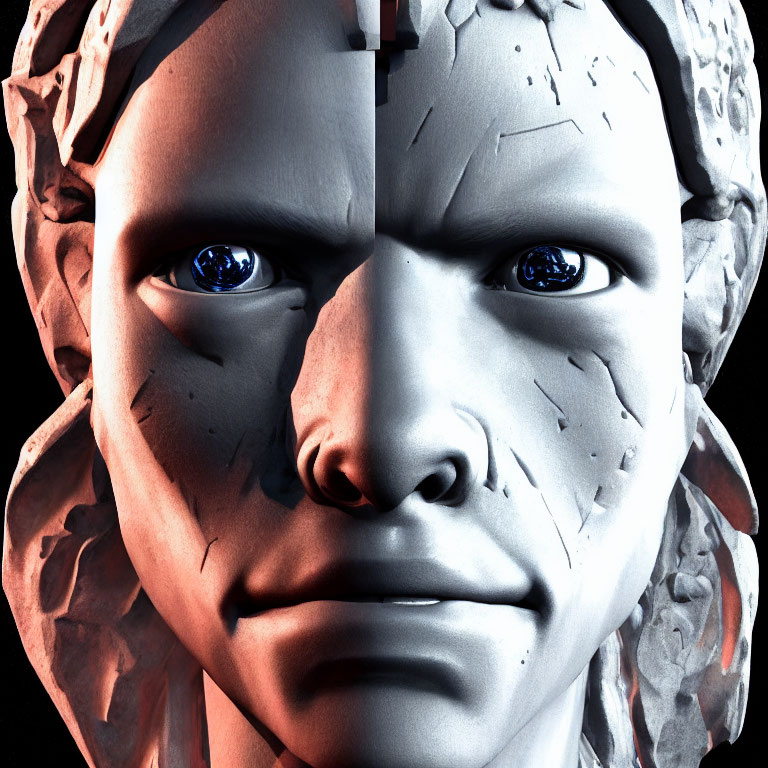 Close-up of humanoid face: organic and robotic blend with intense blue eyes