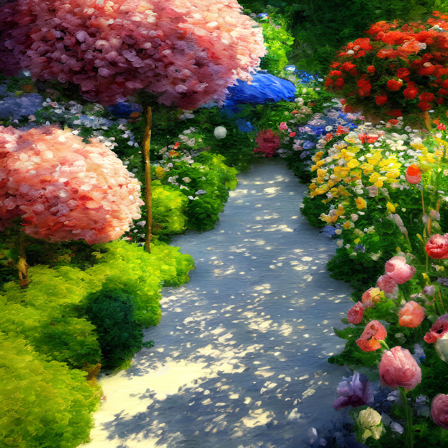 Lush multicolored flower garden path under sunny light