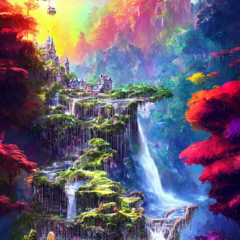 Colorful fantasy landscape with waterfalls, greenery, and architectural structures