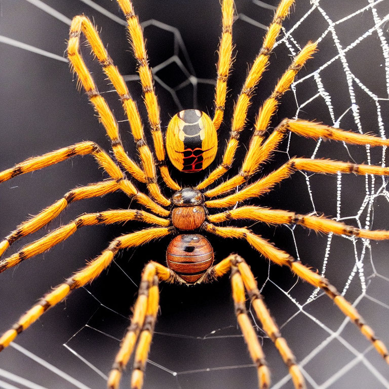 Colorful spider with patterned abdomen on intricate web and orange-striped legs