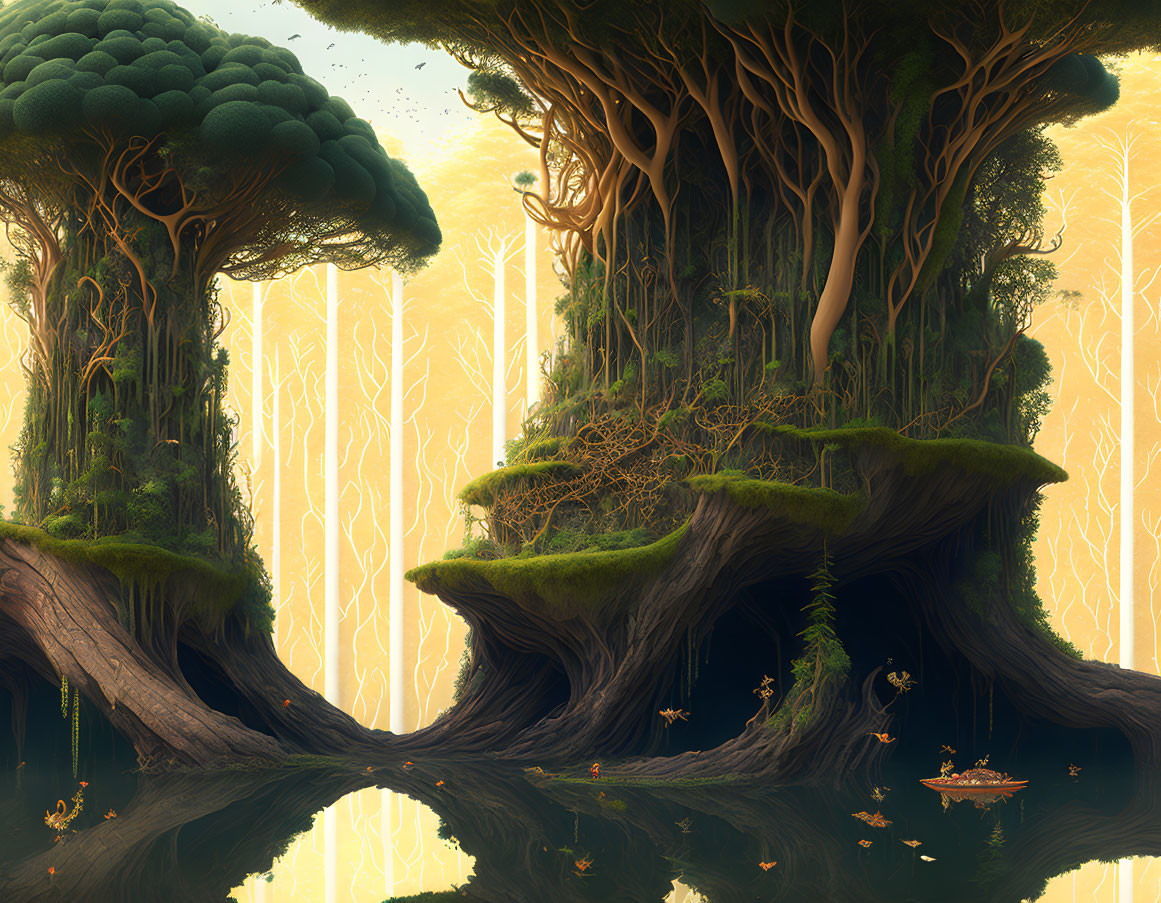 Majestic ancient trees and serene water body in mystical forest landscape