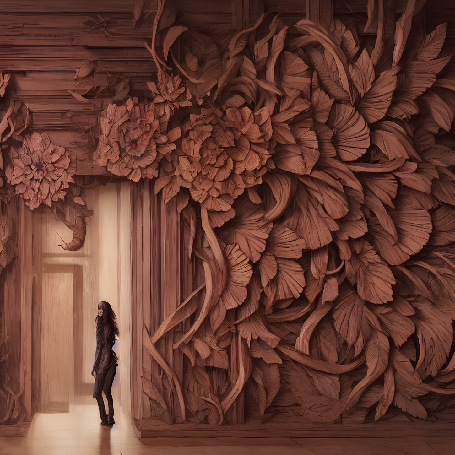 Intricately Carved Wooden Wall with Floral Motifs