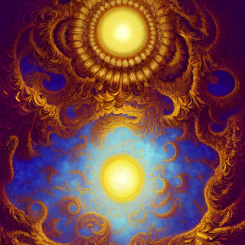 Intricate golden fractal design on deep blue background