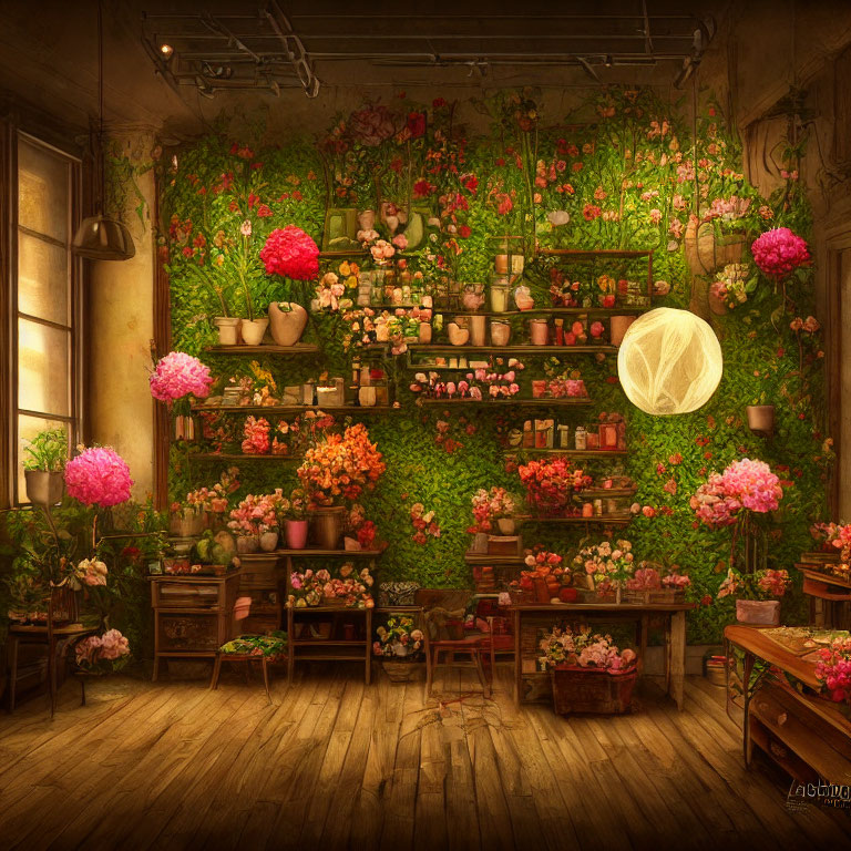 Lush Greenery and Flowers in Enchanting Room