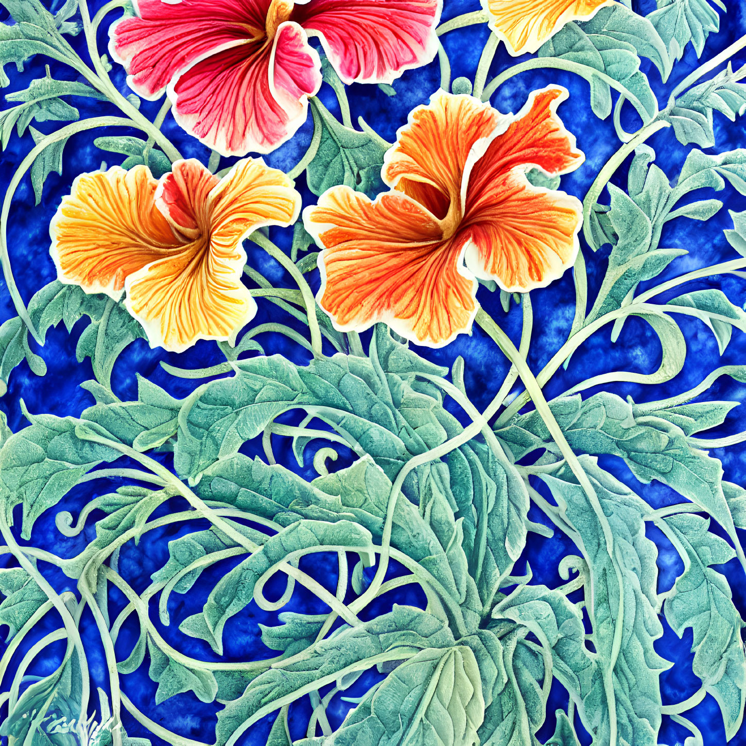 Detailed botanical illustration with green foliage and pink-orange hibiscus on blue.