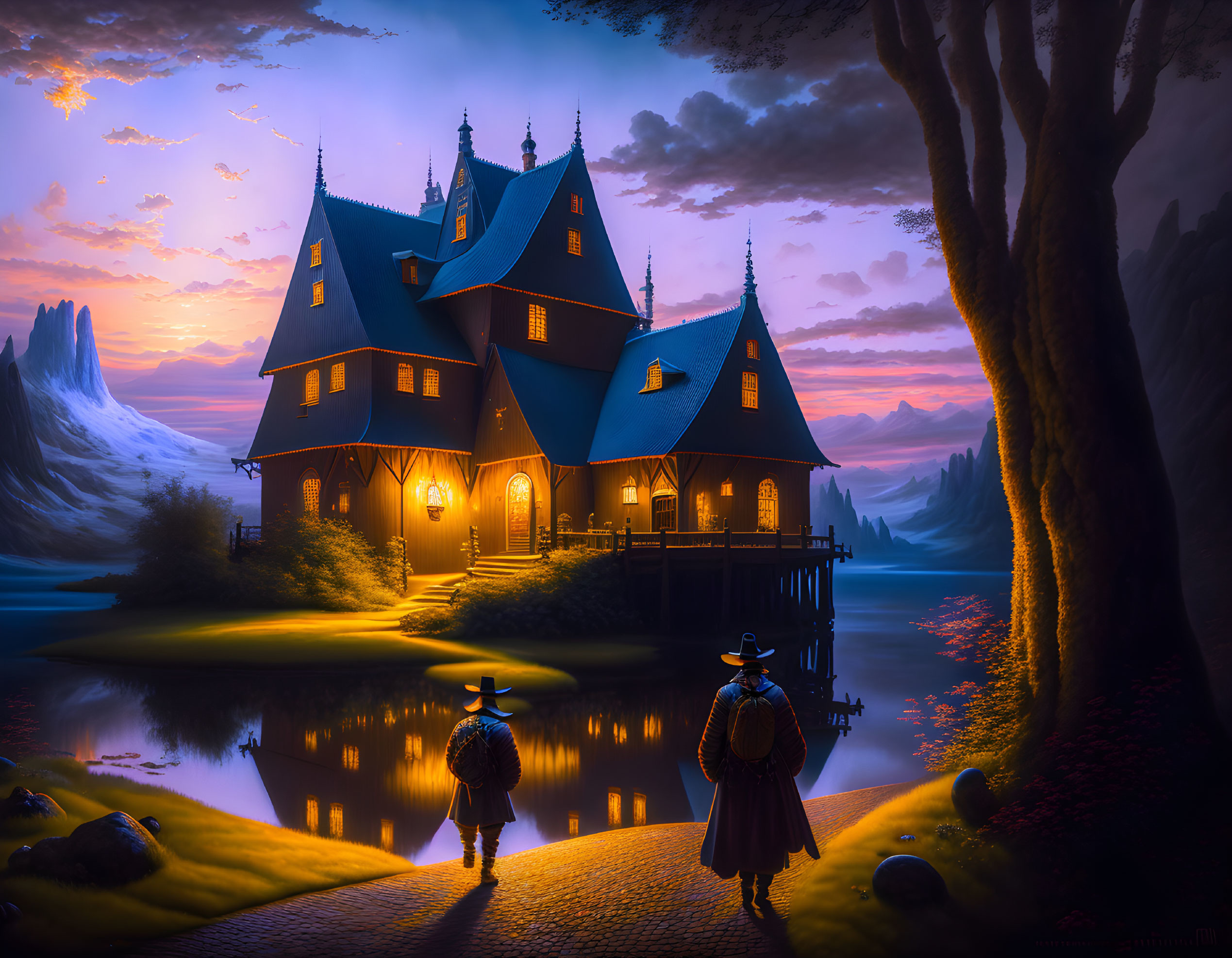 Fantasy artwork of two figures at illuminated house by lake