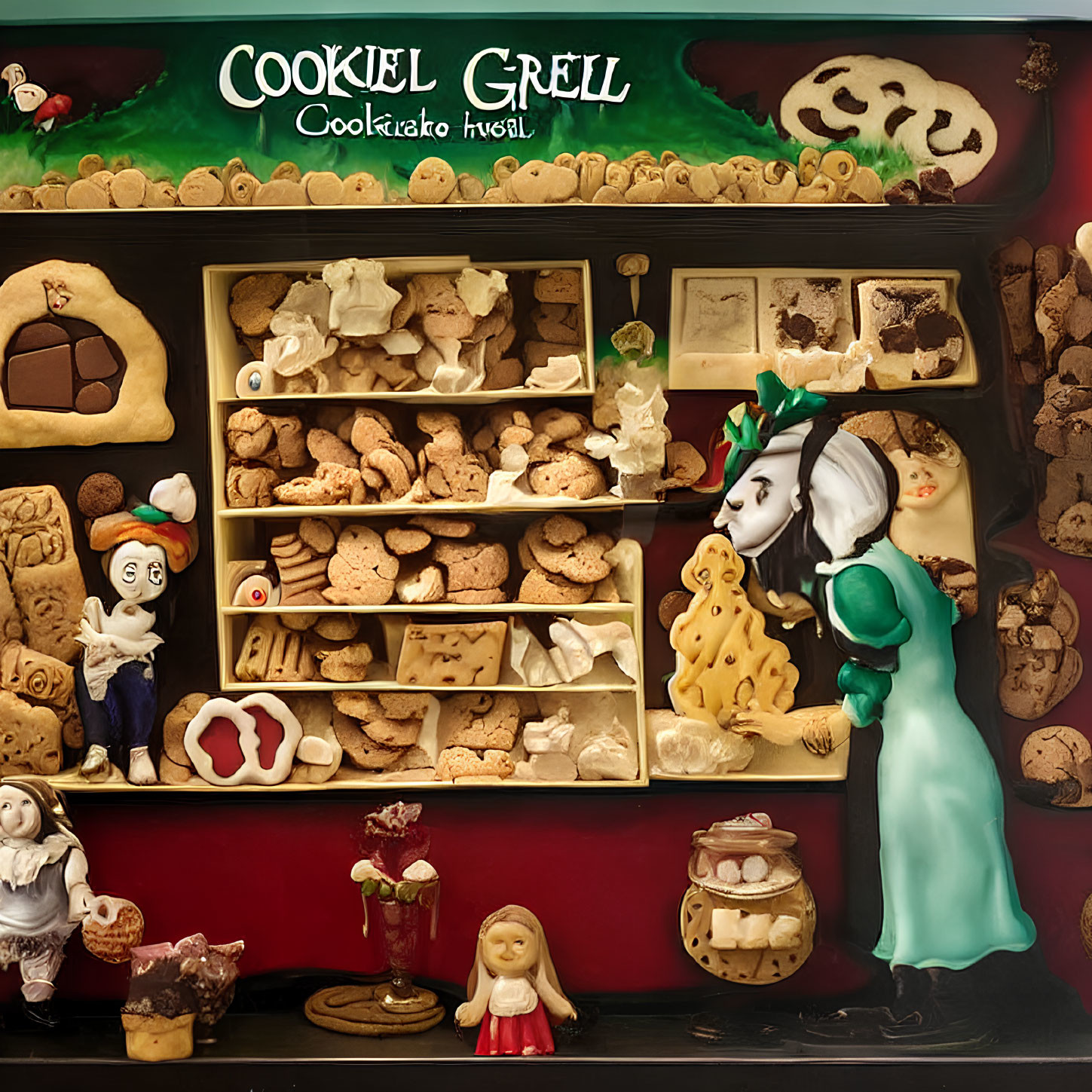 Whimsical Cookie Display with Animated Figures and 'Cookie Grill' Title