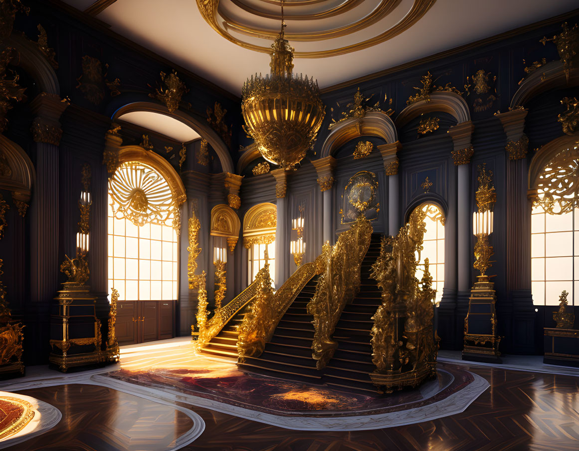 Luxurious Baroque-style Interior with Grand Staircase and Gold Accents