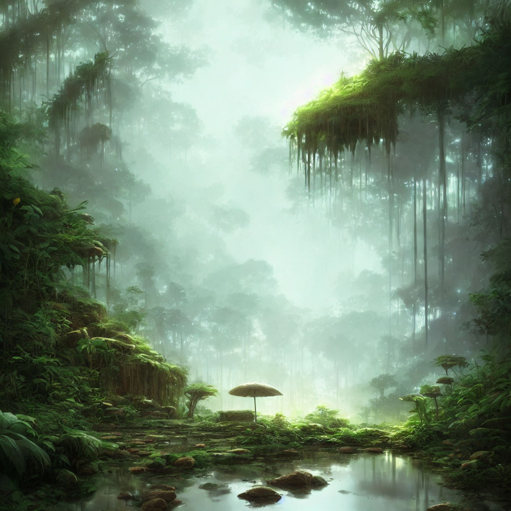 Tranquil misty forest with sunbeams, lush greenery, and a stream