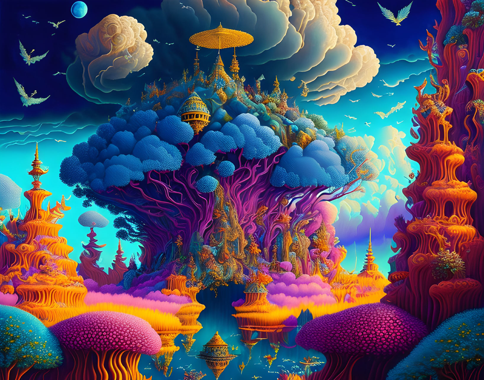 Fantastical landscape with colossal tree, colorful flora, floating islands, and mythical creatures