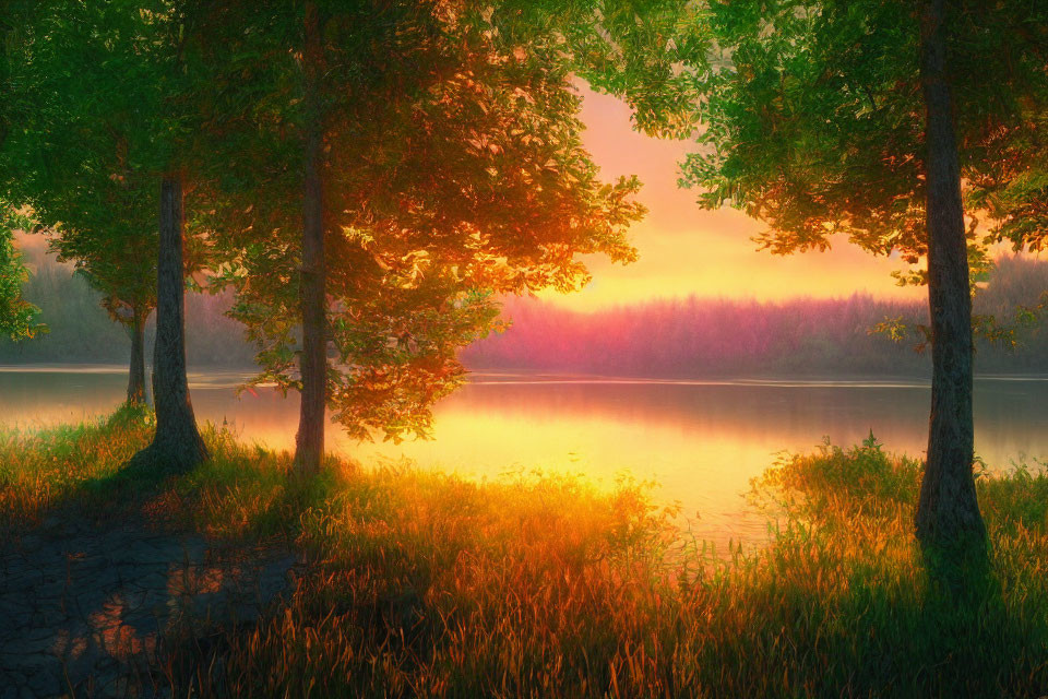 Tranquil Sunrise Scene: Golden Light on Lake with Lush Greenery