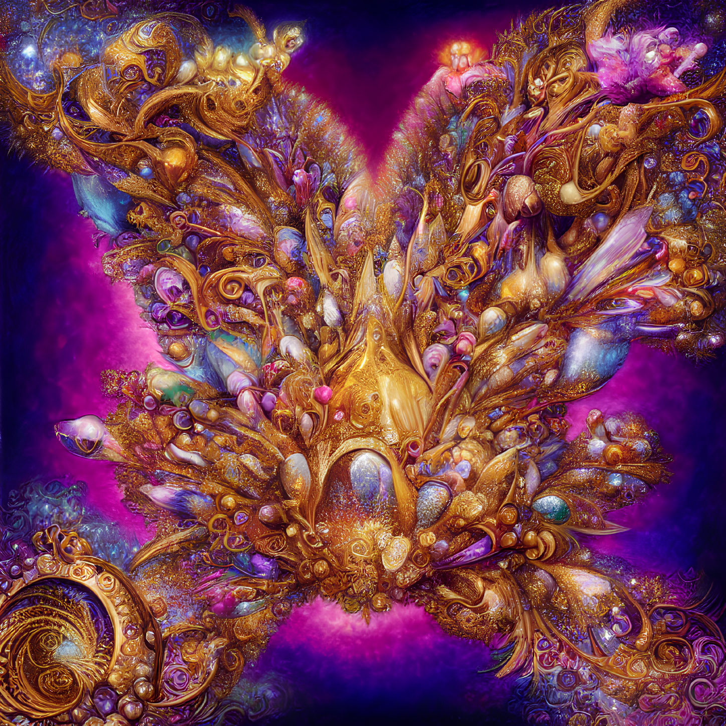 Colorful Abstract Artwork with Golds and Purples: Intricate Patterns and Shapes